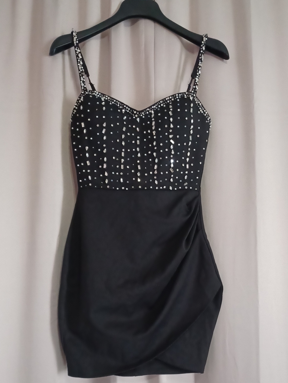 Privy New Black Rhinestone Studded Sz S Dress Ruched Tulip Mini Cocktail Party